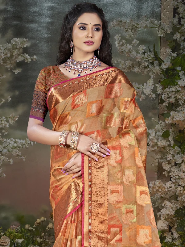 Women Peach Chanderi Saree With Un Stitched Blouse Cotton Casual Blouse