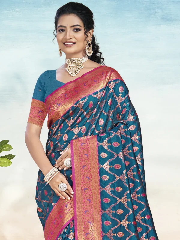 Women Blue Silk Saree With Un Stitched Blouse Gathered Detail Blouse