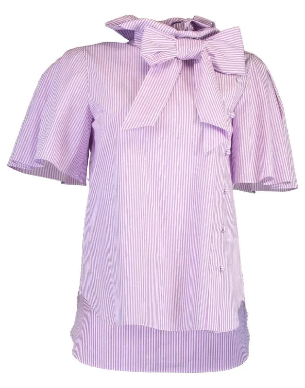 Short Sleeve Bow Neck Stripe Blouse Peter Pan Collar Blouse