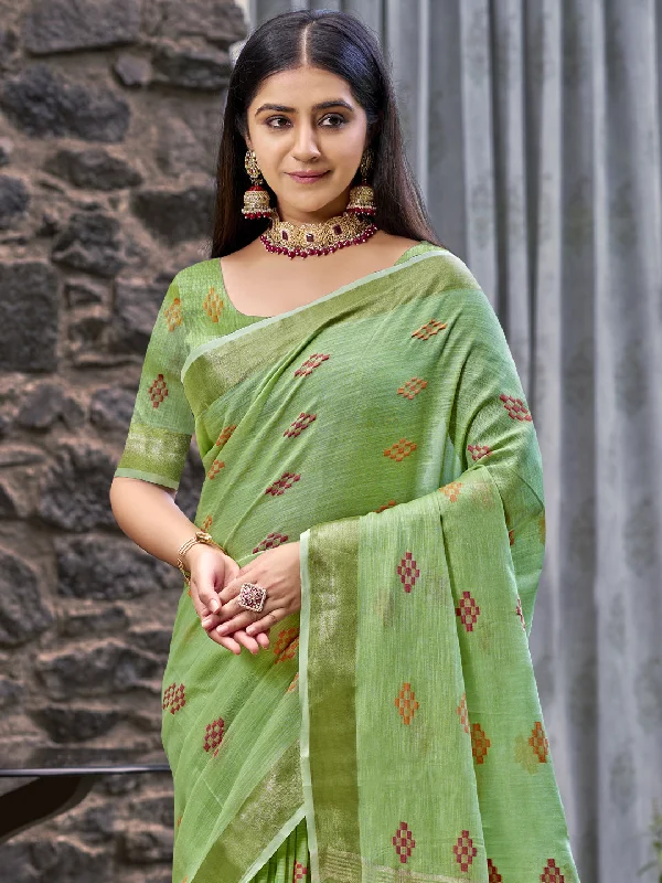 Women Green Linen Saree With Un Stitched Blouse Airy Cotton Blouse