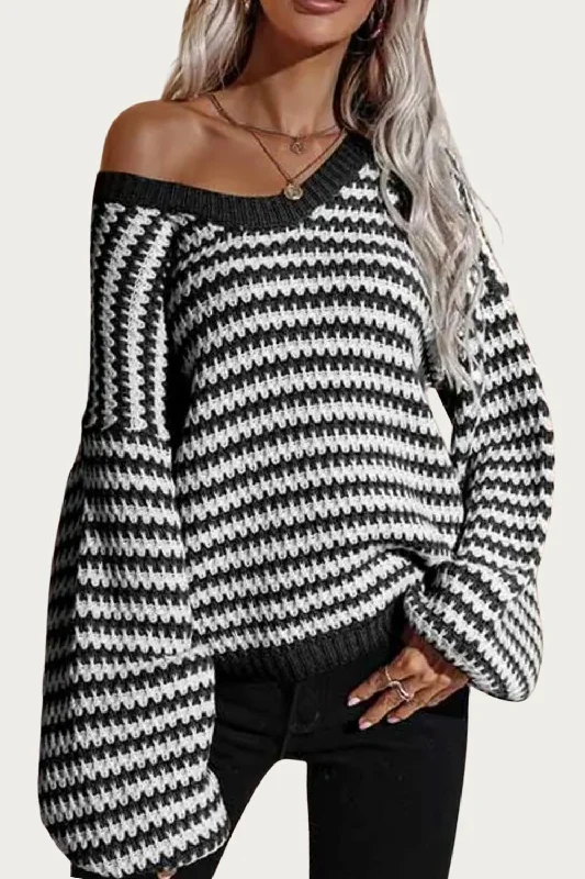 Striped V-Neck Knit Sweater In Black/white Handmade Hand-knitted Hand-woven