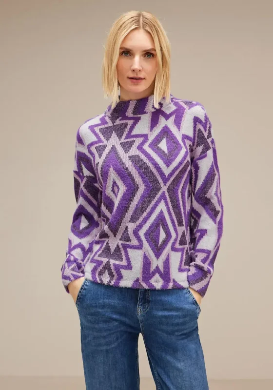 Street One Aztec Fluffy Knit Jumper, Deep Pure Lilac Cable Knit Ribbed Knit Lace Knit