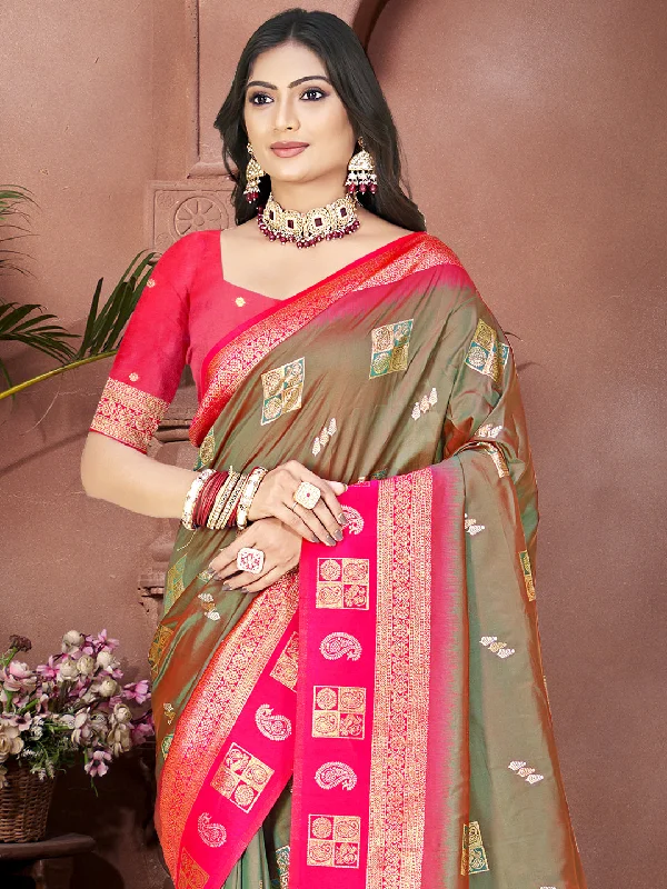 Women Olive Green Silk Saree With Un Stitched Blouse Elegant Semi-Sheer Blouse