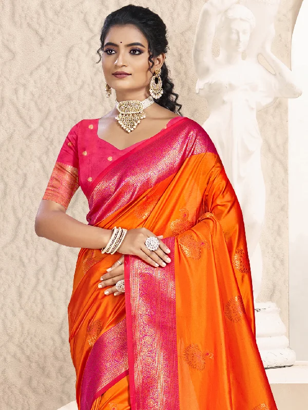 Women Orange Silk Saree With Un Stitched Blouse Elegant Lace Blouse
