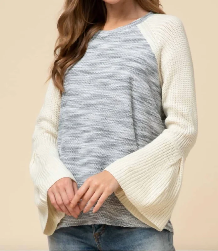 Bell Sleeve Top Sweater In Blue & Cream Glossy Satin Silk
