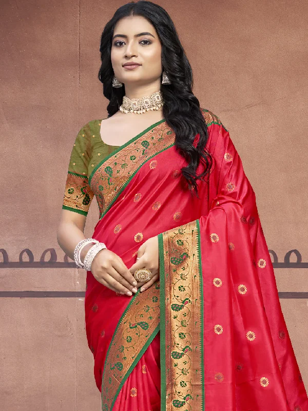 Women Dark Pink Silk Saree With Un Stitched Blouse Lightweight Tunic Blouse