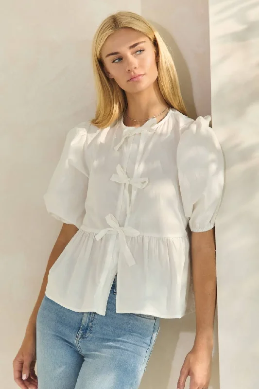 Solid Cotton Poplin Front Tie Ribbon Blouse Versatile Layering Blouse