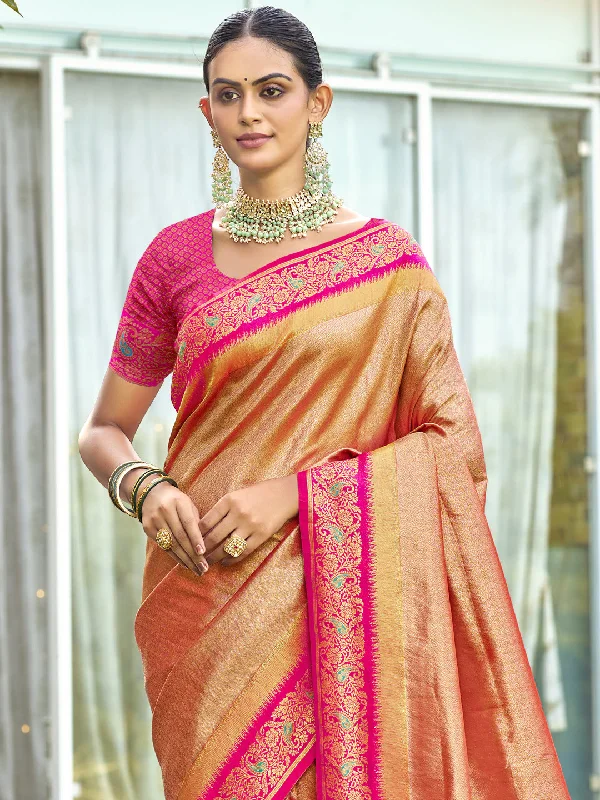 Women Peach Silk Saree With Un Stitched Blouse Chic Off-Shoulder Blouse