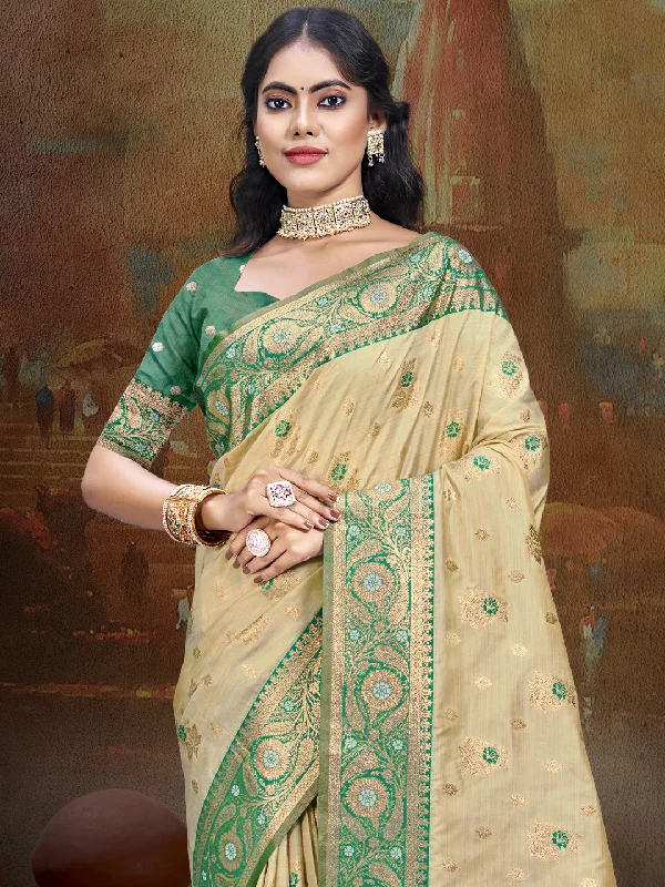 Women Beige Silk Saree With Un Stitched Blouse Subtle Shimmer Blouse