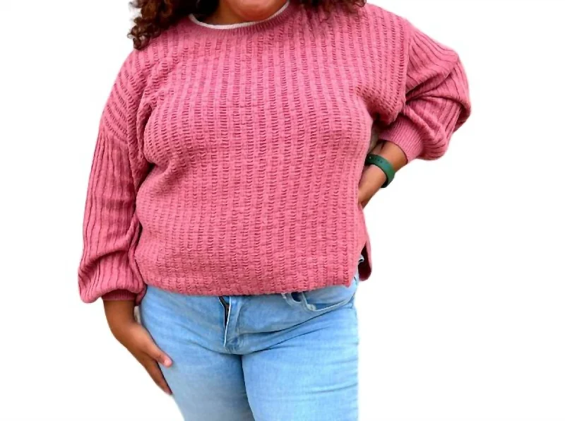 Kennedy Contrast Color Detail Neck Sweater Top In Pink Soft Cozy Warm