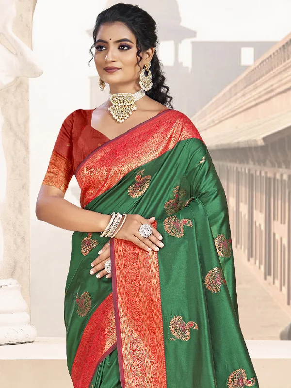 Women Dark Green Silk Saree With Un Stitched Blouse Wrap Front Blouse