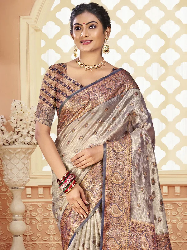 Women Grey Silk Saree With Un Stitched Blouse Double-Layered Blouse