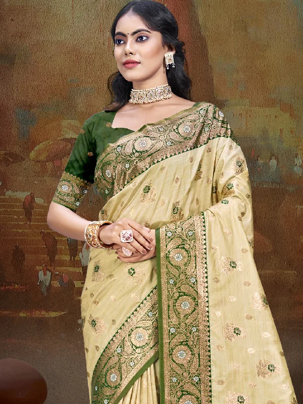 Women Beige Silk Saree With Un Stitched Blouse Floral Chiffon Blouse
