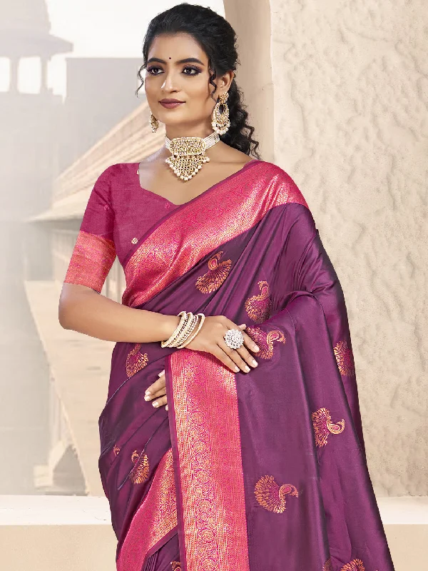 Women Wine Silk Saree With Un Stitched Blouse Bell Sleeve Blouse