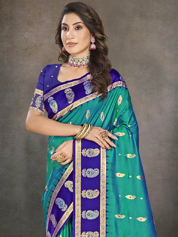 Women Sky Blue Silk Saree With Un Stitched Blouse Puff Sleeve Blouse