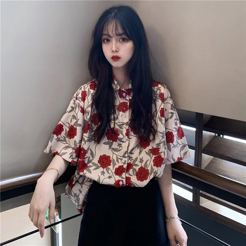 Wjczt Chiffon Blouse Women Women's Summer Tunic Vintage Clothes Female Hawaiian Shirt with Short Sleeve Harajuku Top Women Elegant Lace Blouse