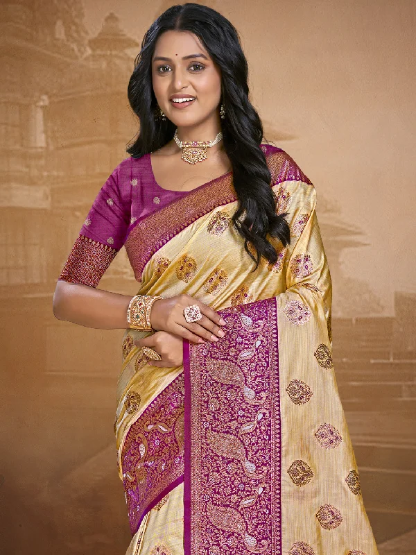 Women Beige Silk Saree With Un Stitched Blouse Chic Off-Shoulder Blouse
