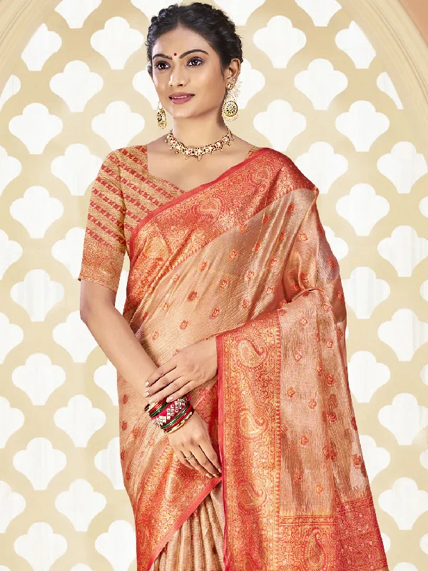 Women Peach Silk Saree With Un Stitched Blouse Embellished Collar Blouse