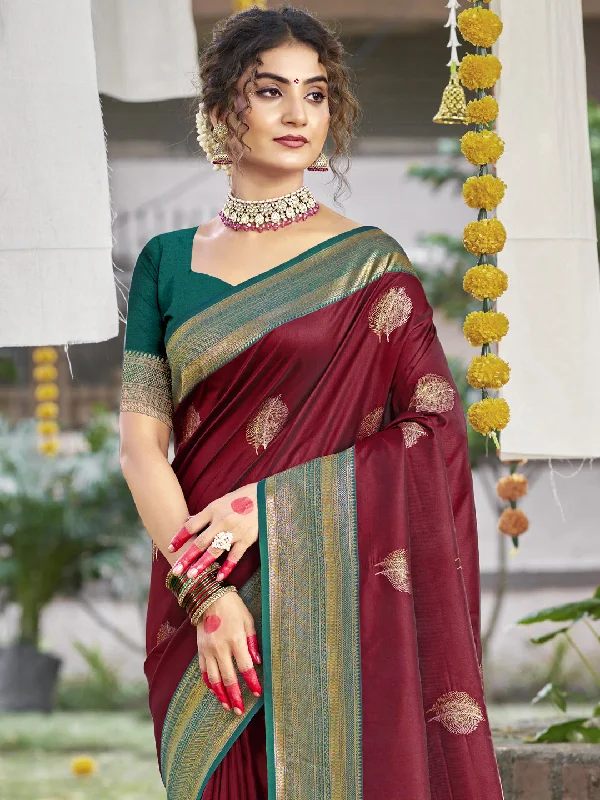 Women Maroon Silk Saree With Un Stitched Blouse Collared Satin Blouse