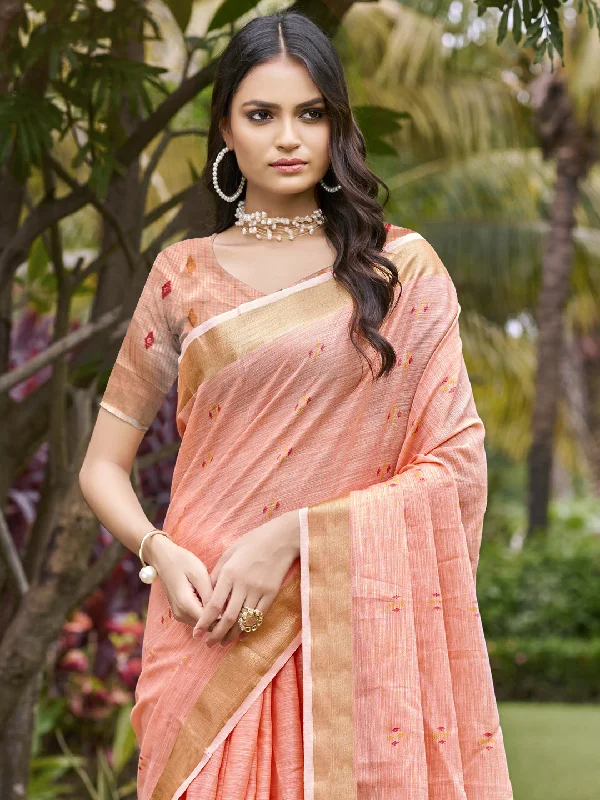 Women Light Pink Cotton Saree With Un Stitched Blouse Double-Layered Blouse