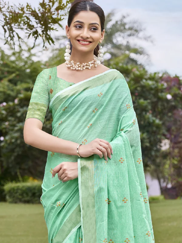 Women Turquoise Cotton Saree With Un Stitched Blouse Casual Relaxed Blouse