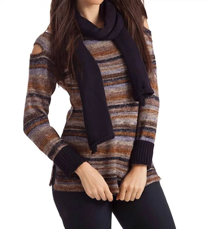 Bethany Striped Sweater W/ Scarf In Navy Multi Wool Fabric Cashmere Fabric Tweed Fabric