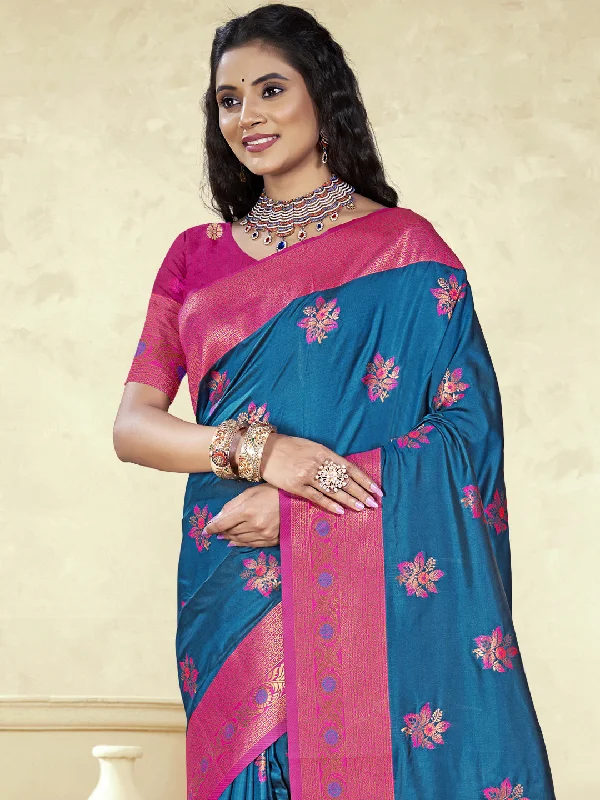 Women Blue Silk Saree With Un Stitched Blouse Stylish Wrap Blouse