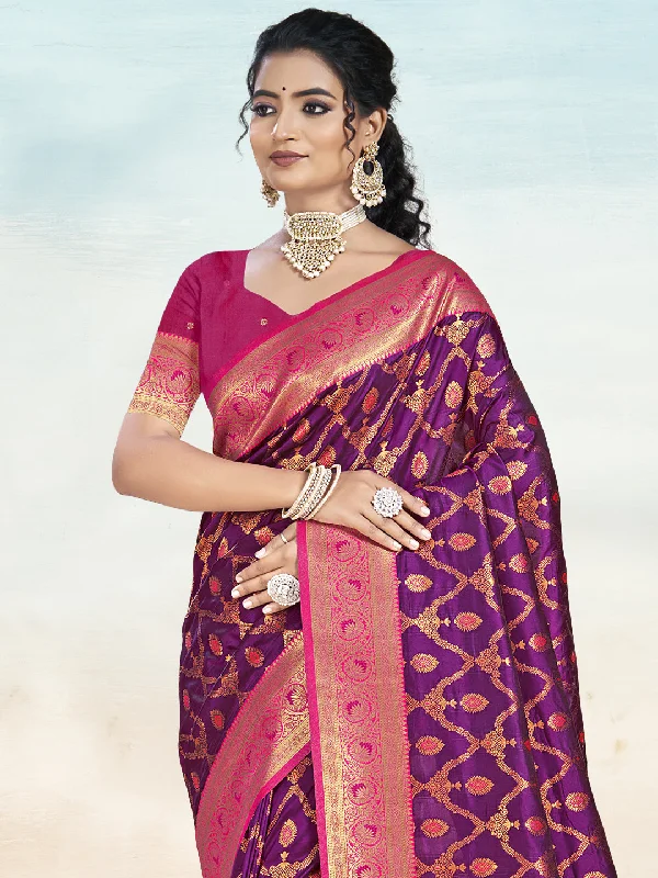 Women Wine Silk Saree With Un Stitched Blouse Casual Stripe Blouse