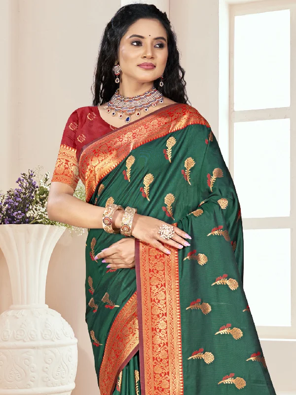 Women Bottle Green Silk Saree With Un Stitched Blouse Classic Minimalist Blouse