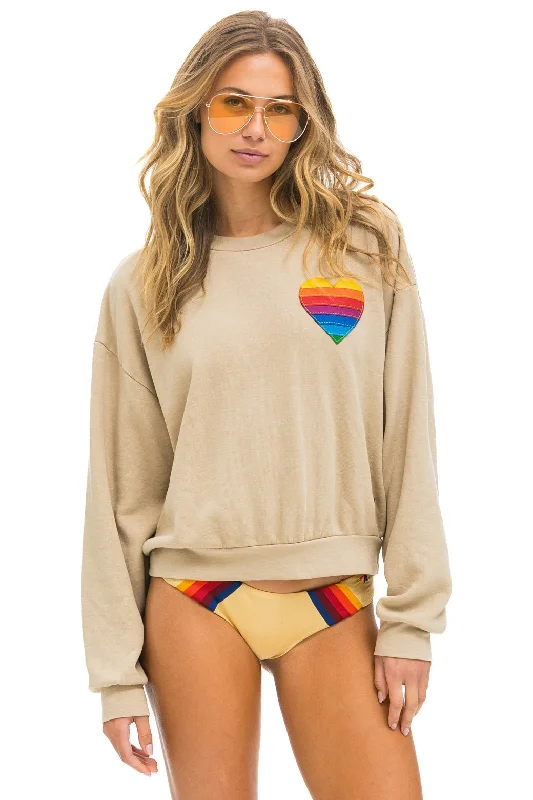 RAINBOW HEART STITCH RELAXED CREW SWEATSHIRT - SAND Hoodie with Ribbed Hem Stretchable Secure