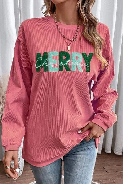 MERRY CHRISTMAS Pink Ribbed Sweatshirt Hoodie with Hem Embroidery Detailed Premium