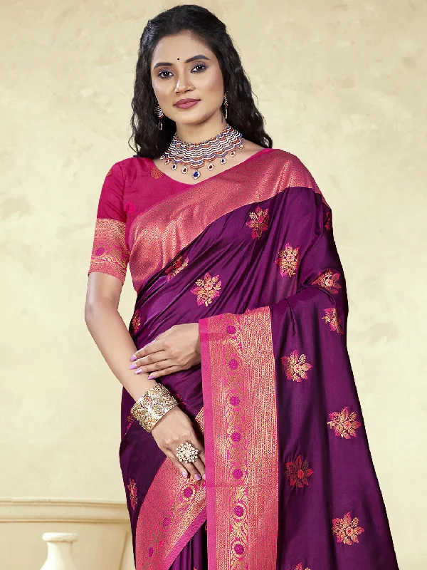 Women Wine Silk Saree With Un Stitched Blouse Chic Ruffle Blouse