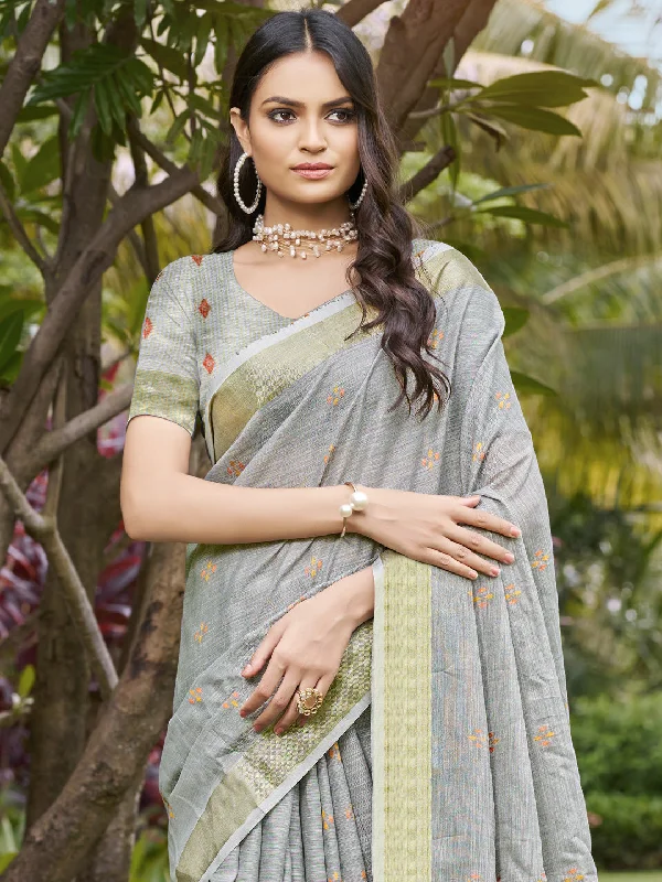 Women Grey Cotton Saree With Un Stitched Blouse Short Sleeve Blouse