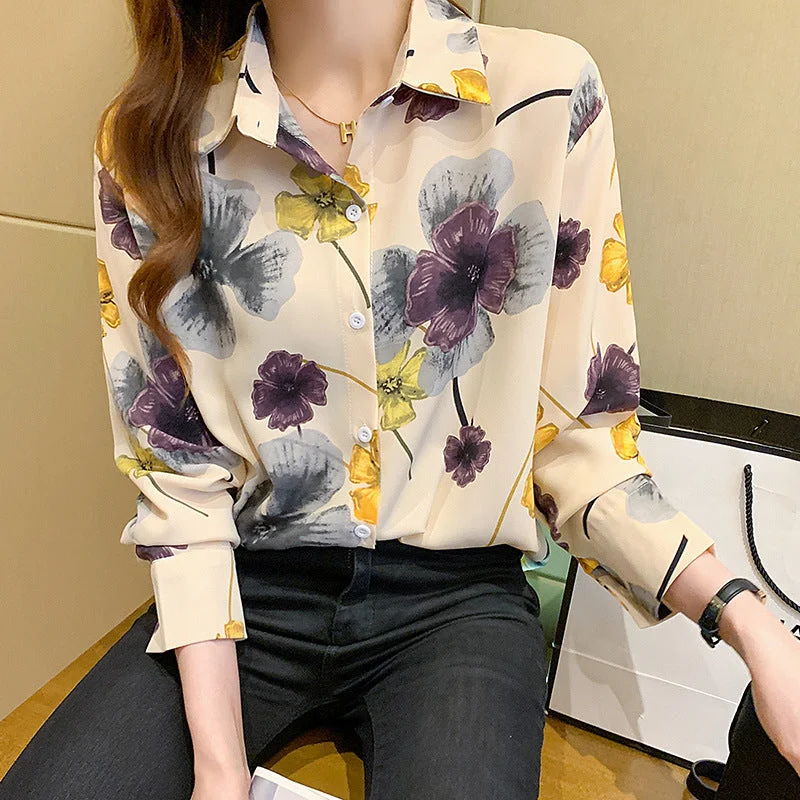 Wjczt 2022 Women's New Korean Large Long Sleeved Shirt High-end Wide Lady Broken Flower Loose Lady's Top Chiffon Blouses Gathered Detail Blouse