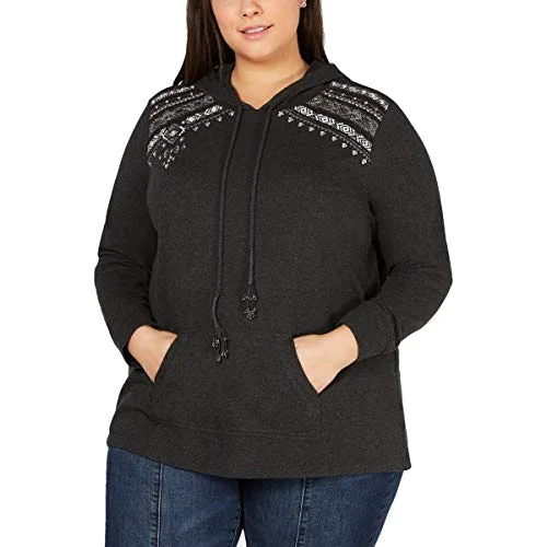 Plus Size Cotton Embroidered Embellished Hoodie Hoodie with Lace Feminine Delicate