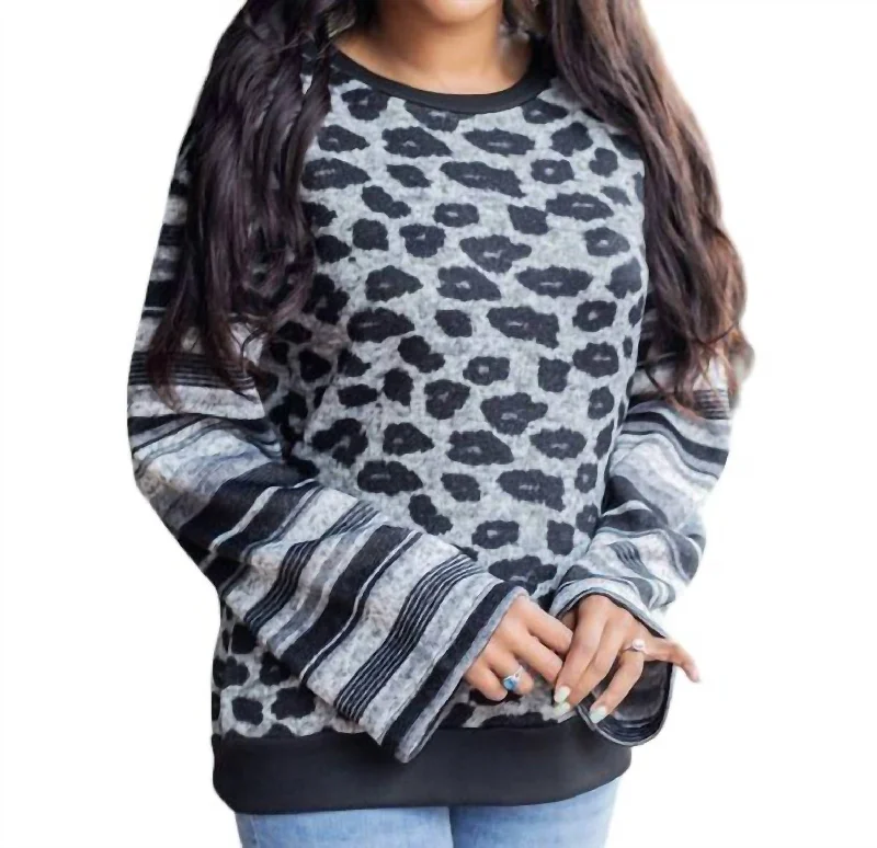Forgetting You Long Sleeve Sweater In Gray Leopard Mesh Blend Leather Blend Suede Blend