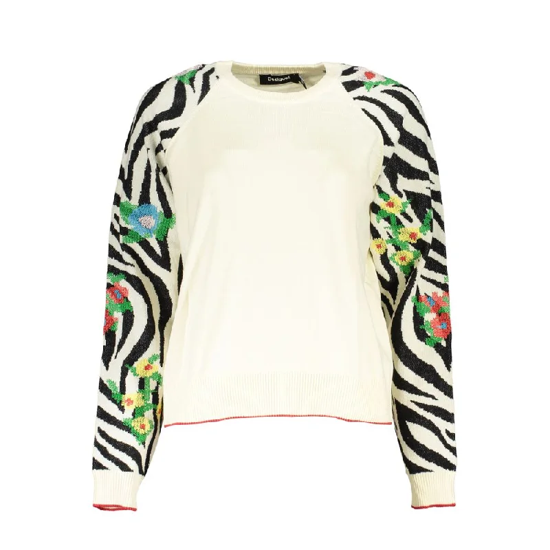 Desigual Elegant  Crew Neck Sweater with Contrast Women's Details Knit Fabric Woven Fabric Fleece Fabric