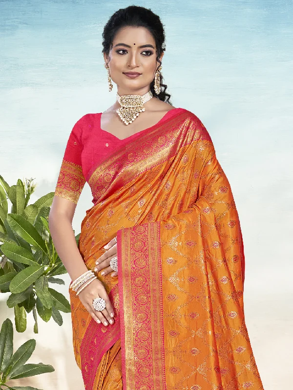 Women Orange Silk Saree With Un Stitched Blouse Business Casual Blouse