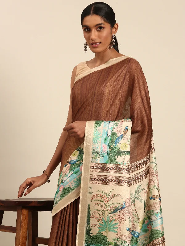 Women Brown Cotton Saree With Un Stitched Blouse Versatile Layering Blouse