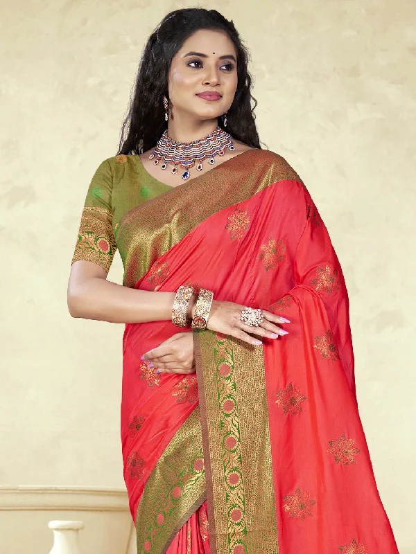 Women Pink Silk Saree With Un Stitched Blouse Drape Neck Blouse