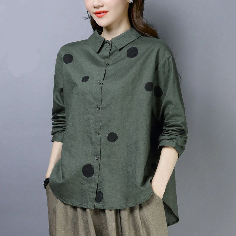 Wjczt Autumn New Arts Style Women Shirts Plus Size Loose Long Sleeve Casual Blouse Polka Dot Print Cotton Linen Shirt Ladies Tops D476 Business Casual Blouse