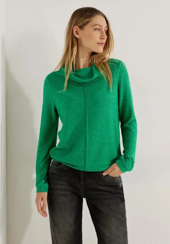 Cecil Volume Collar Comfort Sweater, Easy Green Melange Collared Crew Neck Turtle Neck
