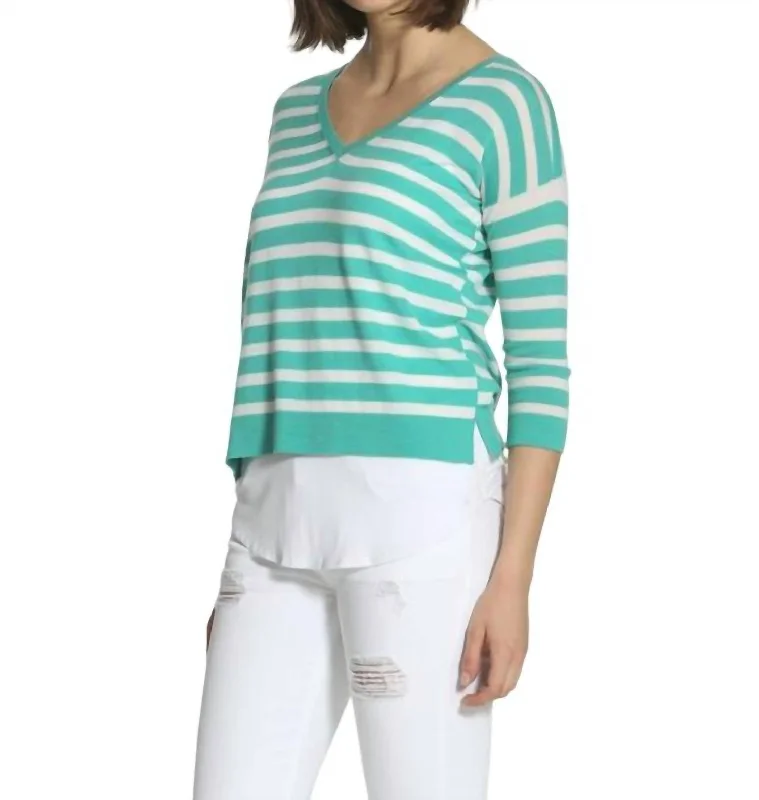 Striped Swing V Neck Sweater In Turquoise/white Tailored Straight A-Line