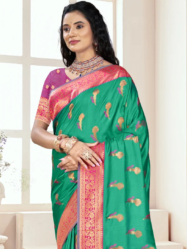 Women Teal Green Silk Saree With Un Stitched Blouse Satin Drape Blouse