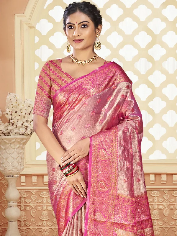 Women Pink Silk Saree With Un Stitched Blouse High Neck Blouse