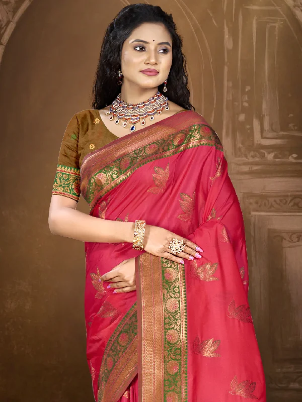 Women Dark Pink Silk Saree With Un Stitched Blouse Drape Neck Blouse