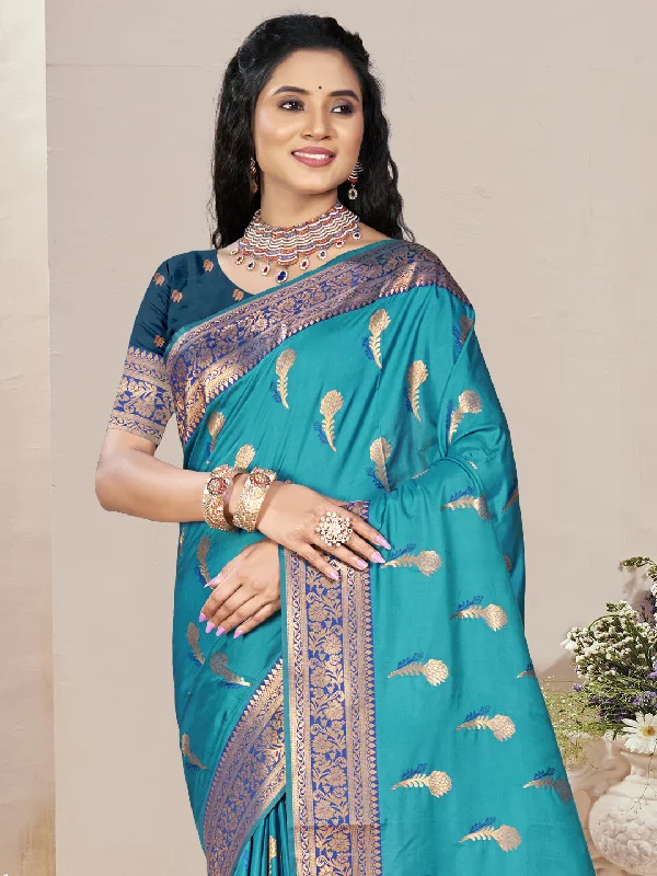 Women Sky Blue Silk Saree With Un Stitched Blouse Double Button Blouse