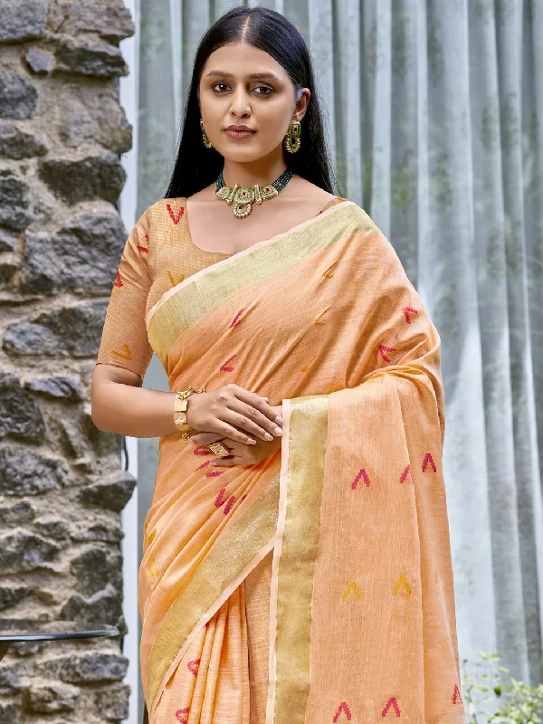 Women Peach Cotton Saree With Un Stitched Blouse Collared Satin Blouse