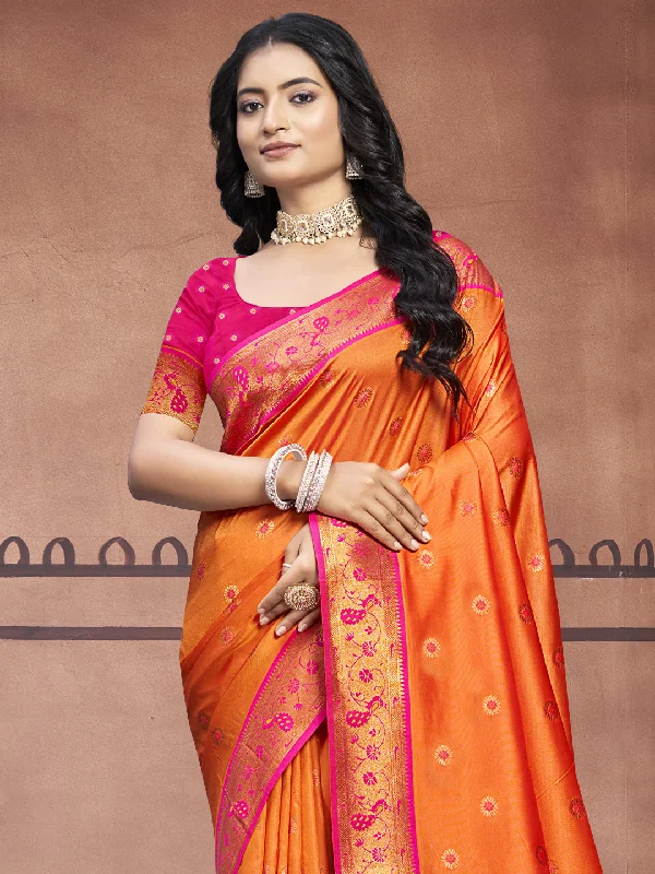 Women Orange Silk Saree With Un Stitched Blouse Double Button Blouse