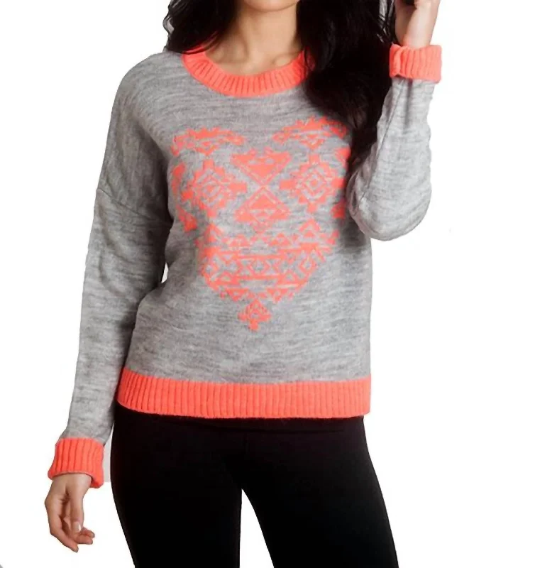 Aztec Heart Sweater In Grey Front Pockets Side Pockets Patch Pockets